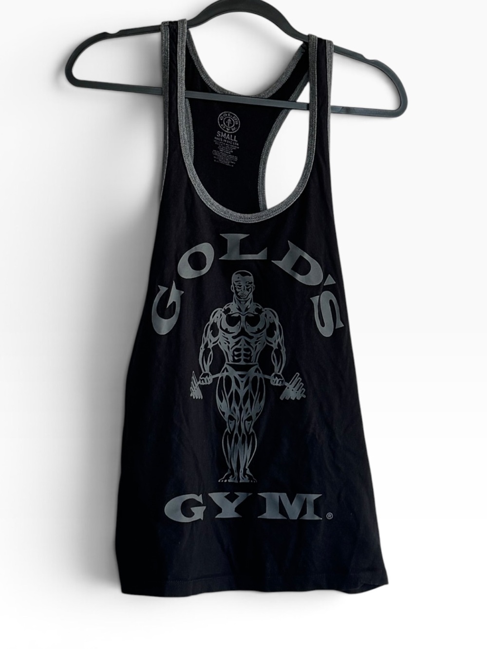 Gold’s Gym Logo Stringer Tank Top Black with gray trim Small